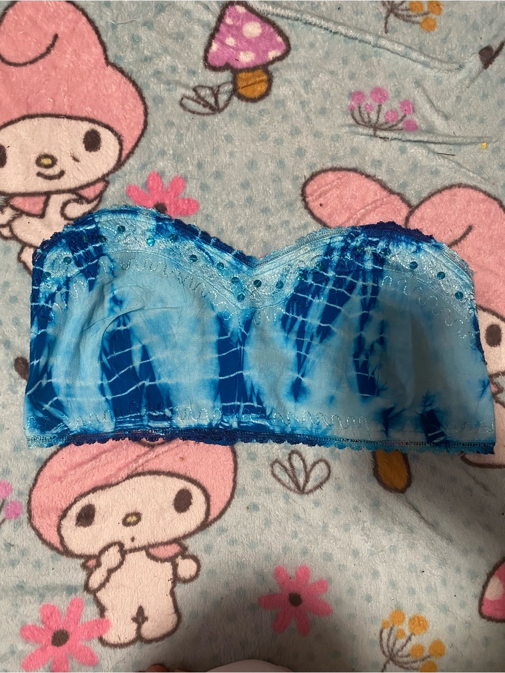 Blue Tie-Dye Strapless Bandeau Crop Top
